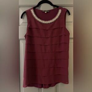 Dark Plum Sleeveless Top with Pearl Necklace Detail